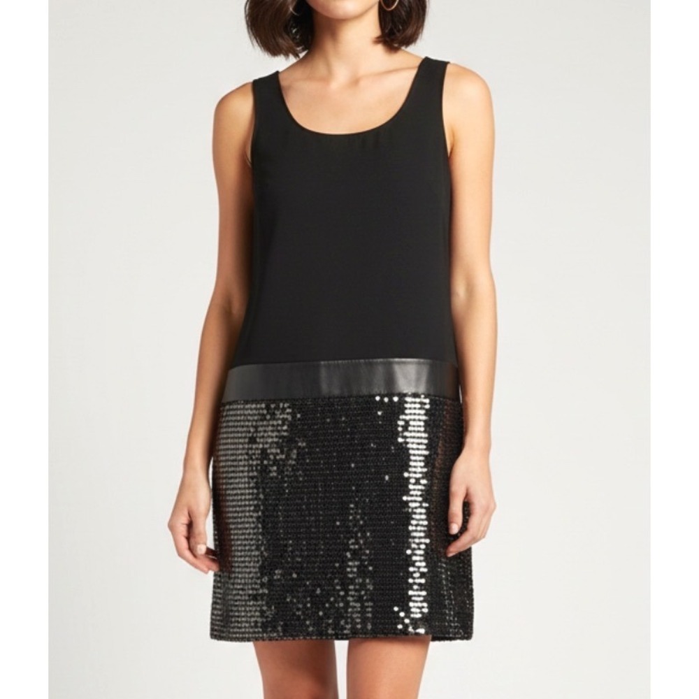 LOFT Dressy Sequin BLACK PONTE KNIT Side Zip COCKTAIL/PARTY Shift TANK Dress 0